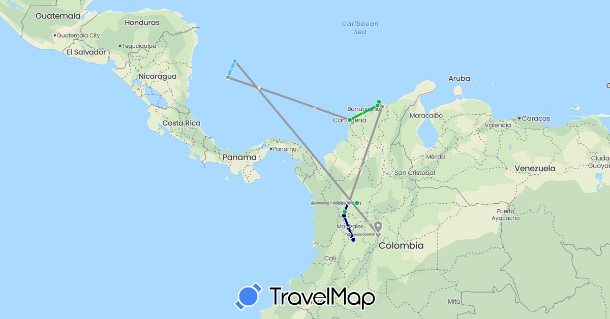 TravelMap itinerary: driving, bus, plane, boat in Colombia (South America)